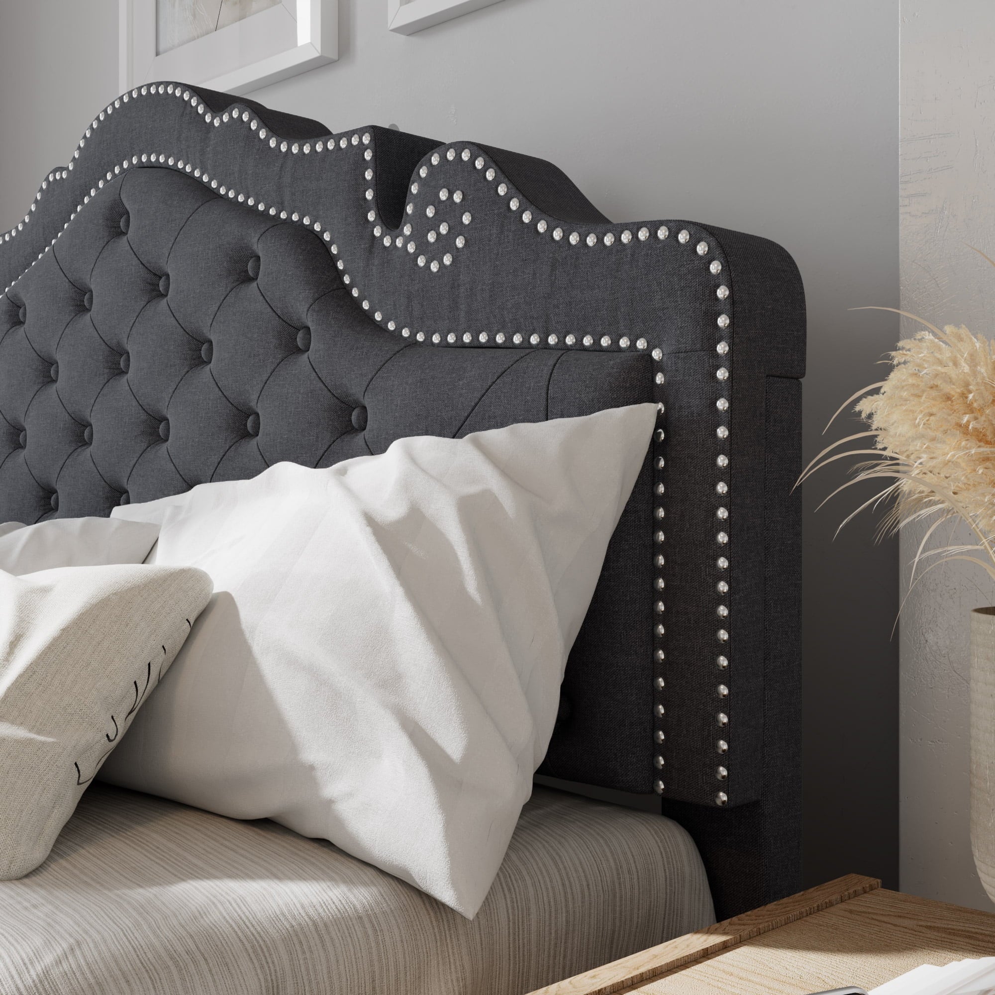 Amolife Queen Size Platform Bed Frame with Fabric Upholstered,Adjustable Headboard, Dark Gray