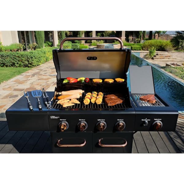 4-Burner Propane Gas Grill with Side Searing Burner in Black with Copper Accent
