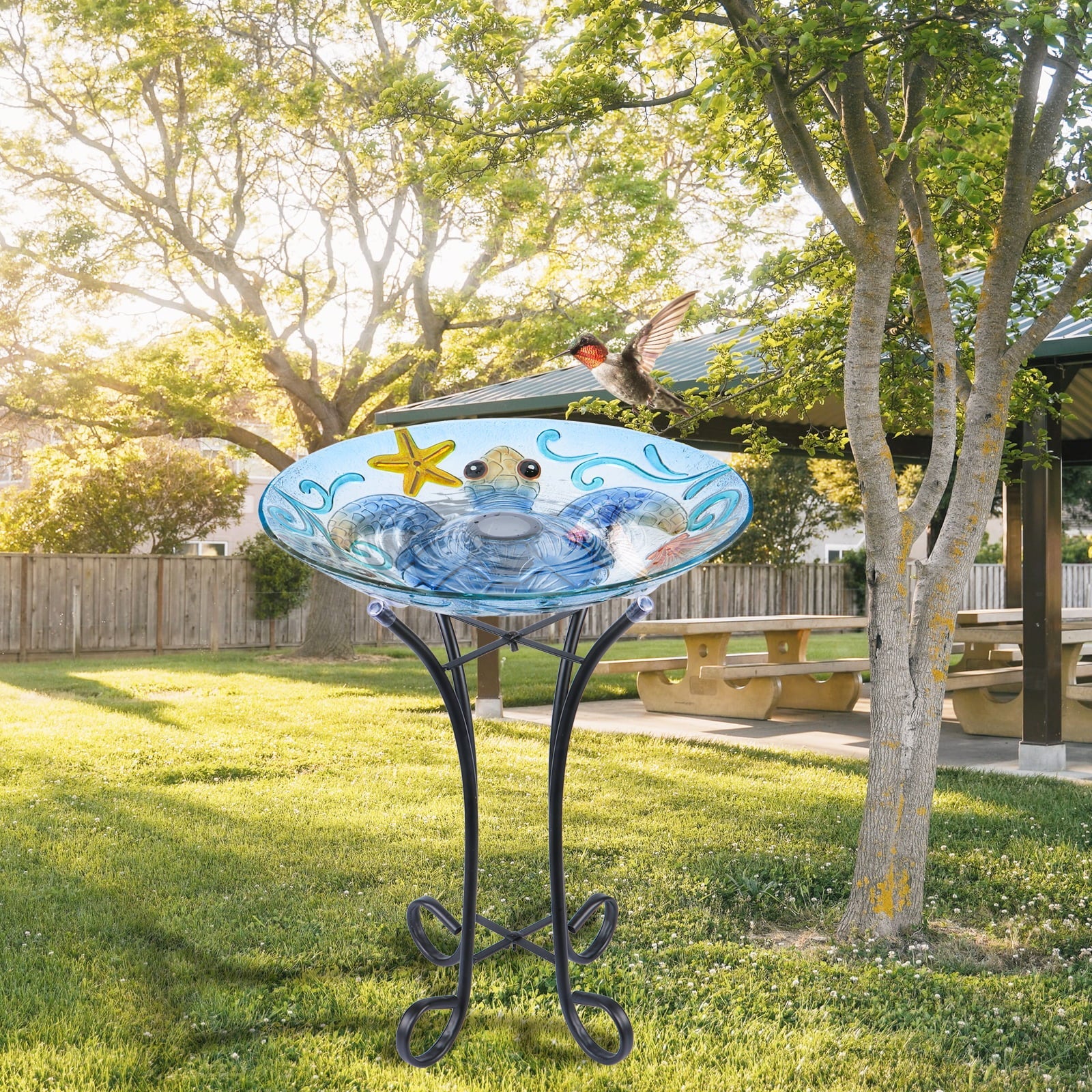 Solar Bird Bath with Metal Stand, Glass Bird Baths for Outdoors, Sea Turtle Pattern Bird Feeder for Garden, Yard, Lawn Decor