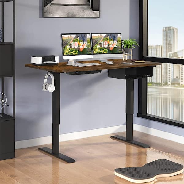 48 in. Rectangle Rustic Brown Wood Electric Standing Desk Height Adjustable w/Control Panel and USB Port