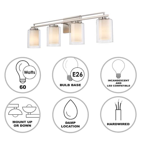 Lisbon 32 in. 4-Light Brushed Nickel Bathroom Vanity Light Fixture with Clear Glass Outer and Opal Glass Inner Shades