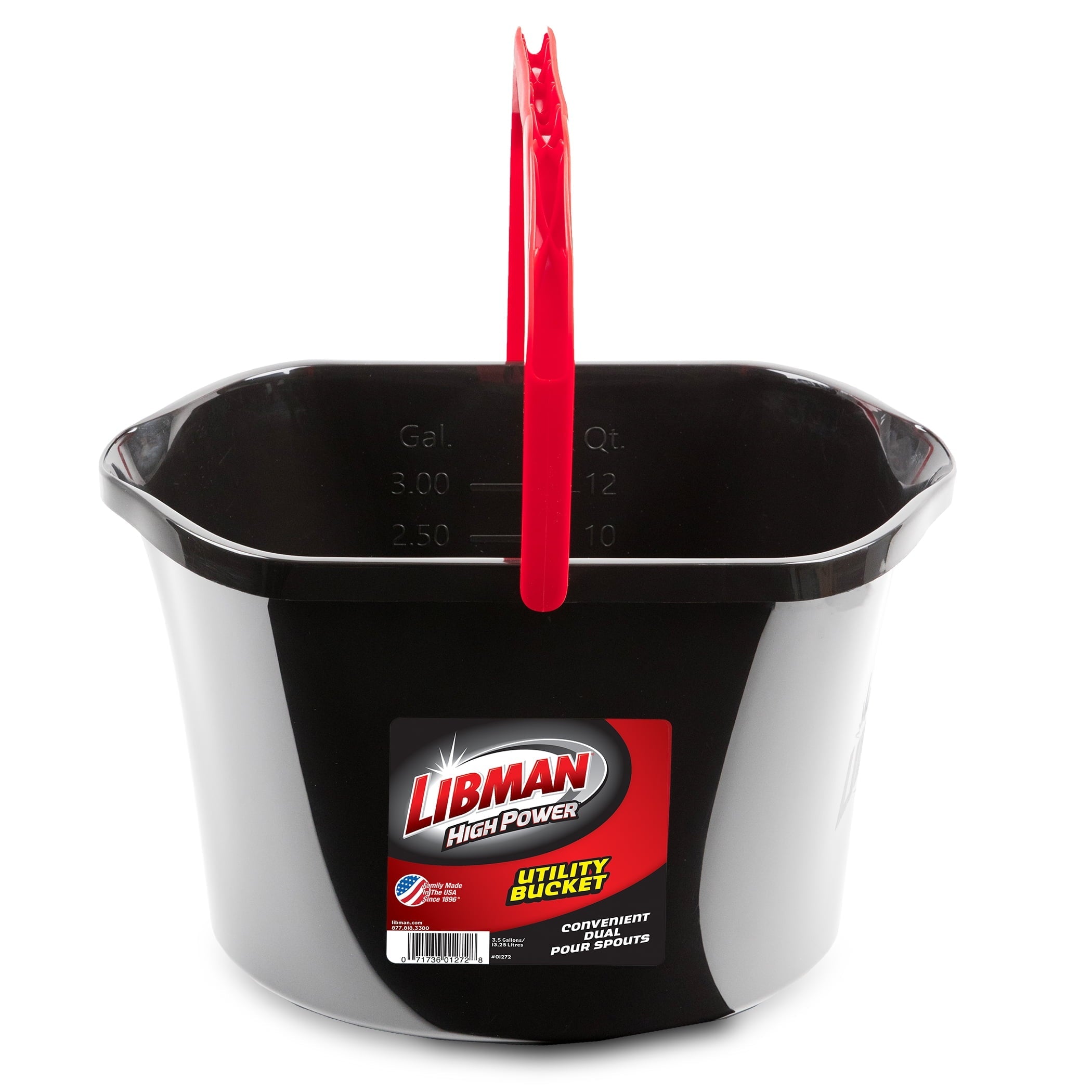 Libman Black and Red High Power 3.5 gal Plastic Utility Bucket, Dual Pour Spouts
