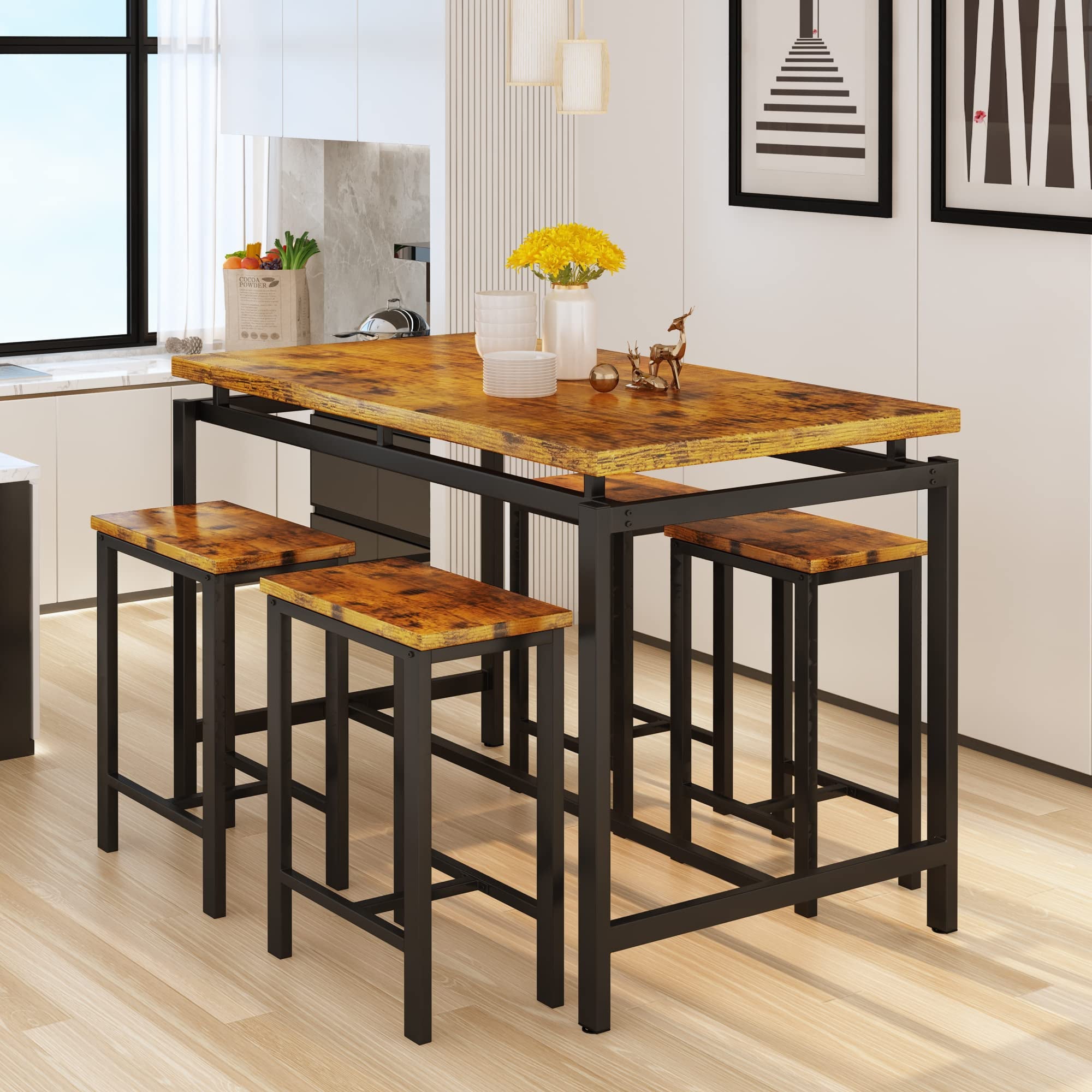 AWQM 5 Piece Bar Table Set, Kitchen Counter Height Table with 4 Stools, Home Kitchen Breakfast Table, Rustic Brown