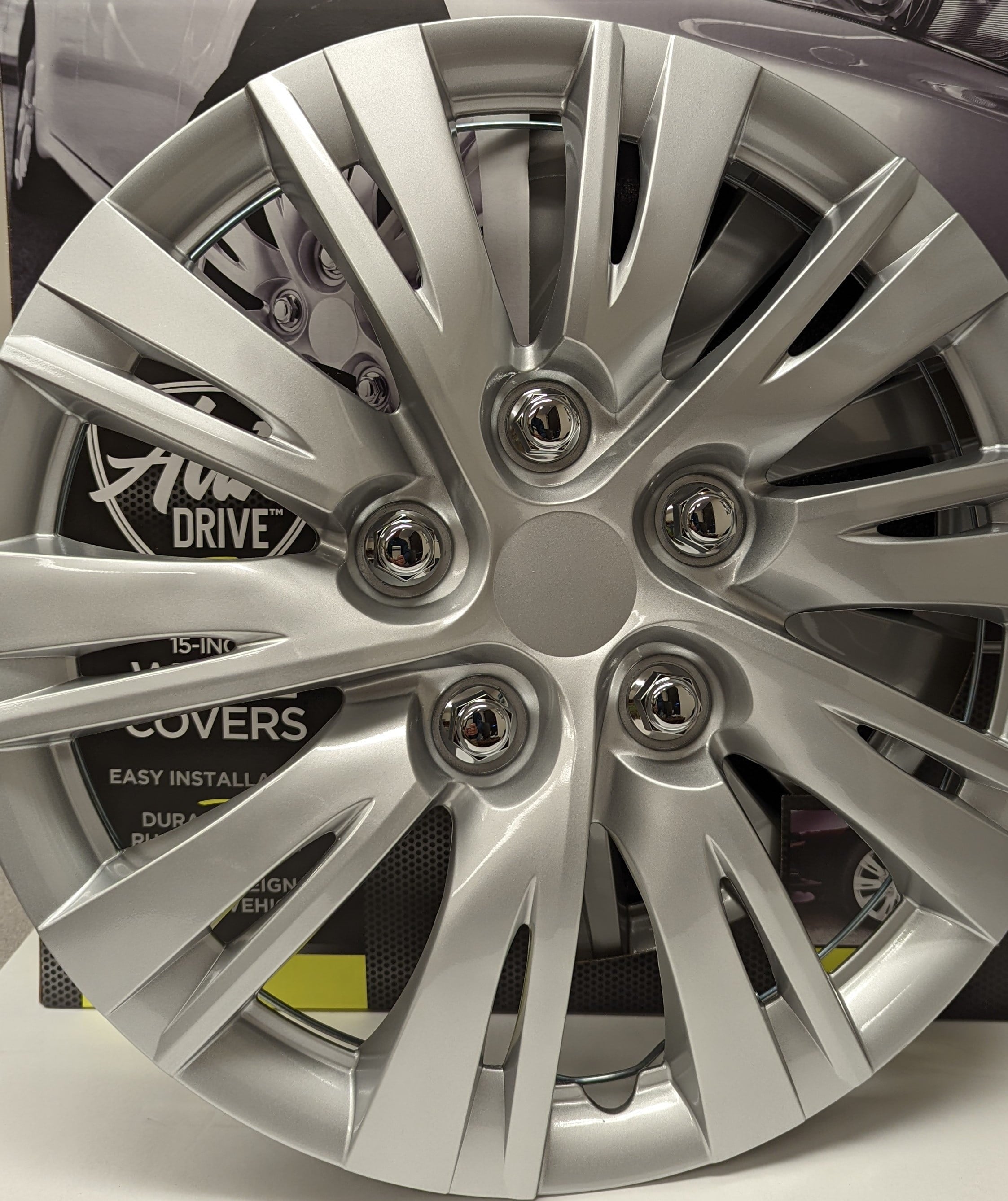 15-inch Wheel Cover, Silver Alloy Finish, Auto Drive Brand, ABS Plastic Material, Mfg Part No. KT1037-15SL