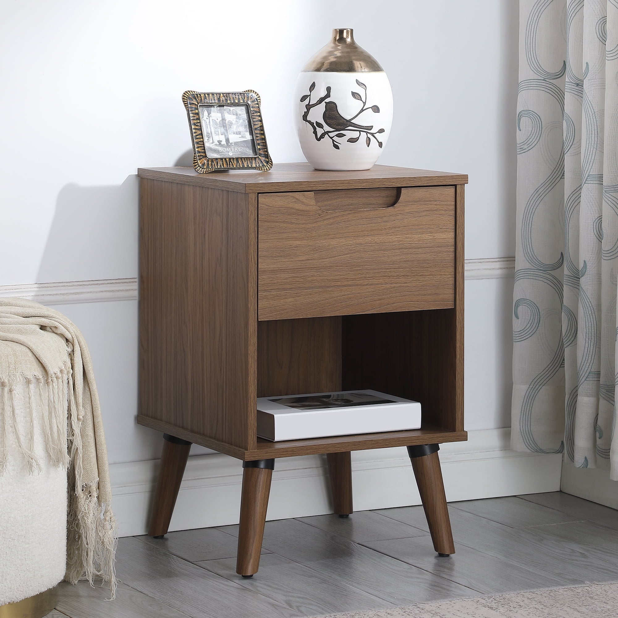 Mainstays Modern 1 Drawer Bedroom Nightstand, Brown Walnut