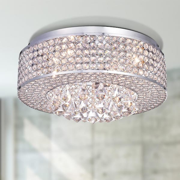 Clara 17.5 in. Glam 4-Light Chrome Flush Mount with Crystal Beaded Drum shade and Hanging Crystals