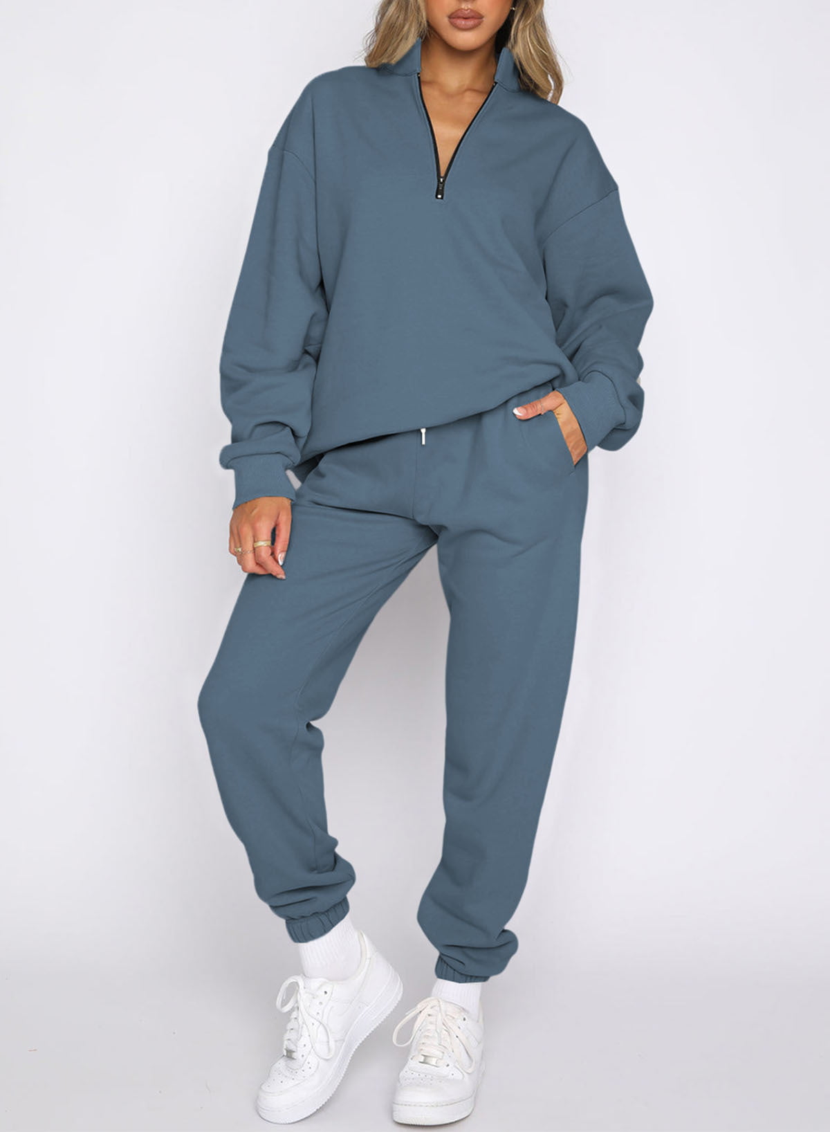 Aleumdr Women's Lounge Sets Long Sleeve Pullover Long Sweatpants Two Piece Outfit Tracksuit Sweatsuits Jogger Set Blue XL