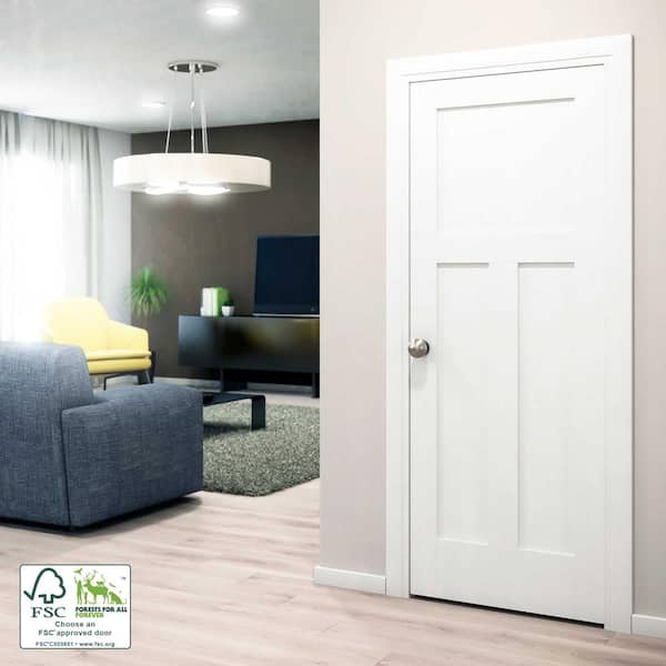 30 in. x 80 in. x 1-3/8 in. Shaker White Primed T-Shape 3-Panel Solid Core Wood Interior Slab Door