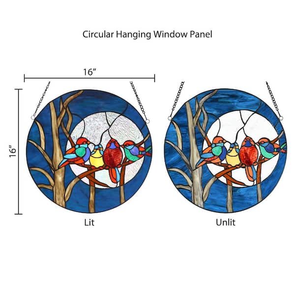 Multi-Colored Birds in the Night Sky Round Stained-Glass Window Panel