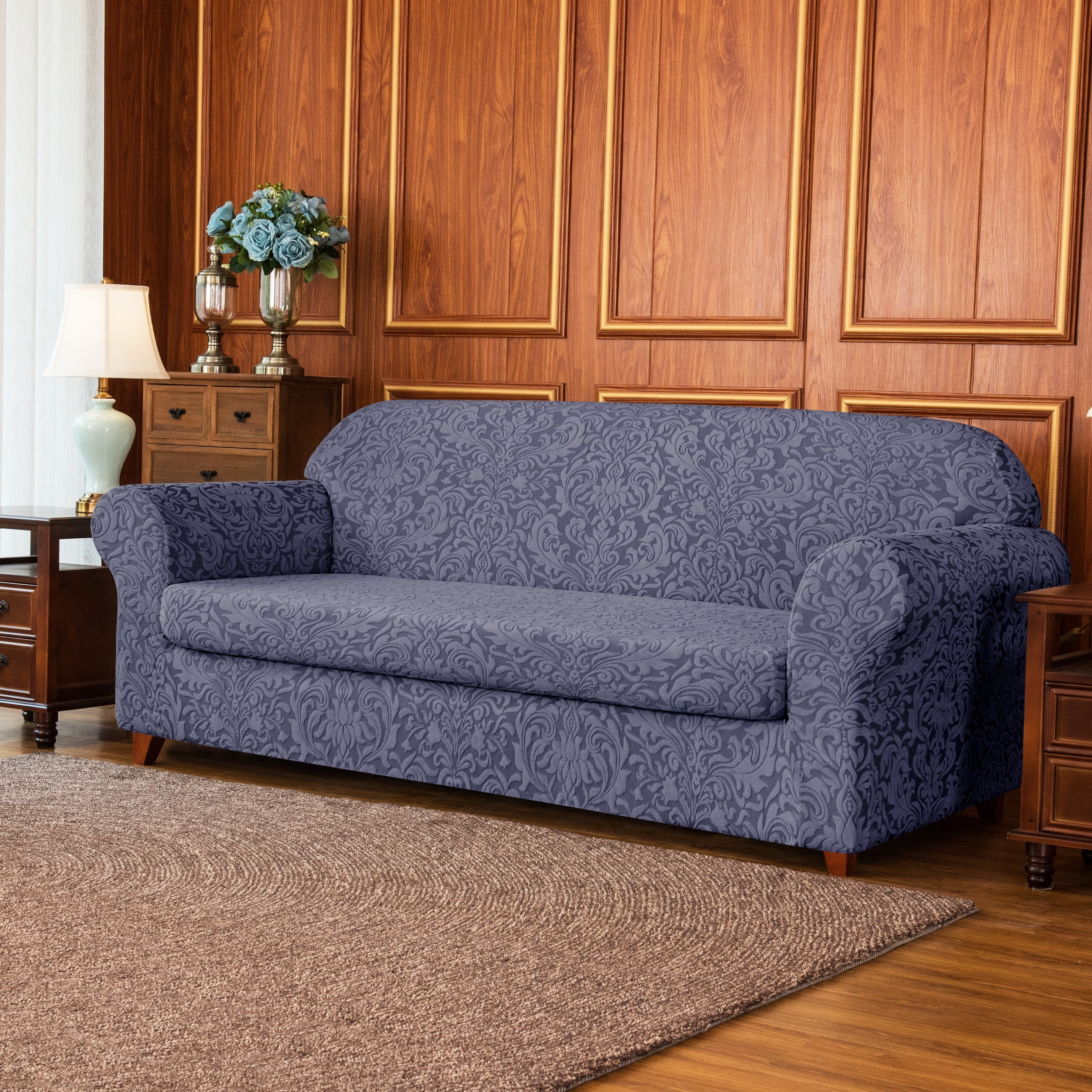 Subrtex 2-piece Jacquard Damask Stretch Sofa Cover Loveseat Slipcover, Grayish Blue