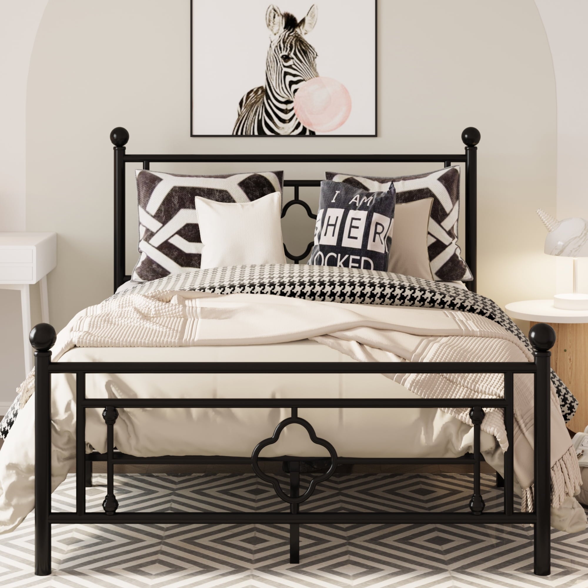 Allewie Queen Size Metal Platform Bed Frame with Victorian Vintage Headboard and Footboard, Black