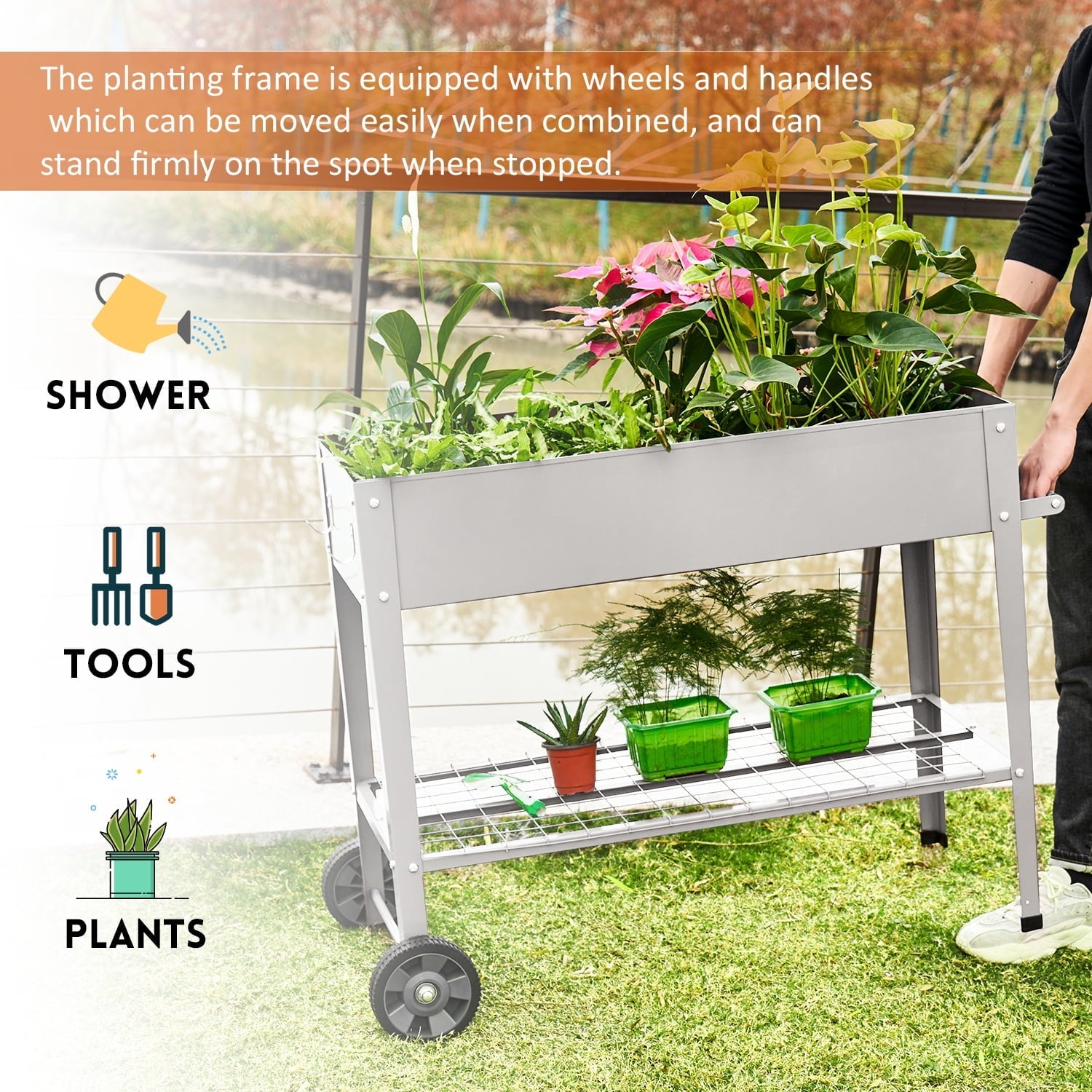 Pushable Grey Metal Raised Garden Bed, Outdoor/Indoor Garden Pots with Handles, Wheels and Shelves, Apartment Patio Stand for Vegetables Flowers Fruits from EXCITED WORK-37.5 inches Long