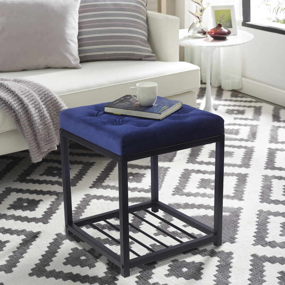 GIA Design Group 17 inch Tufted Square Ottoman with Metal Frame, Navy Blue, Set of 2