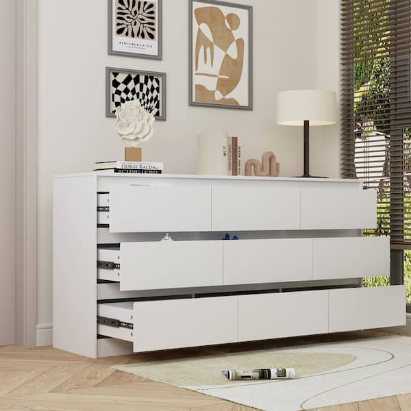 White 9-Drawer Wood Chest of Drawers 31.5 in. H x 63 in. W x 15.7 in. D Dresser Storage Cabinet