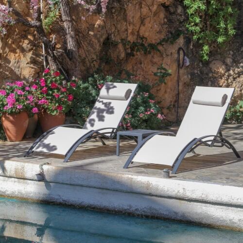 2 Patio Chaise Lounge Reclining Curved Chair Table Headrest Textile Metal Frame