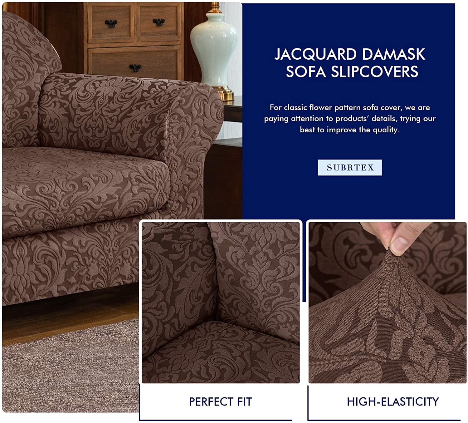 Subtrex Stretch 2-Piece Jacquard Damask Armchair Slipcover, Brown