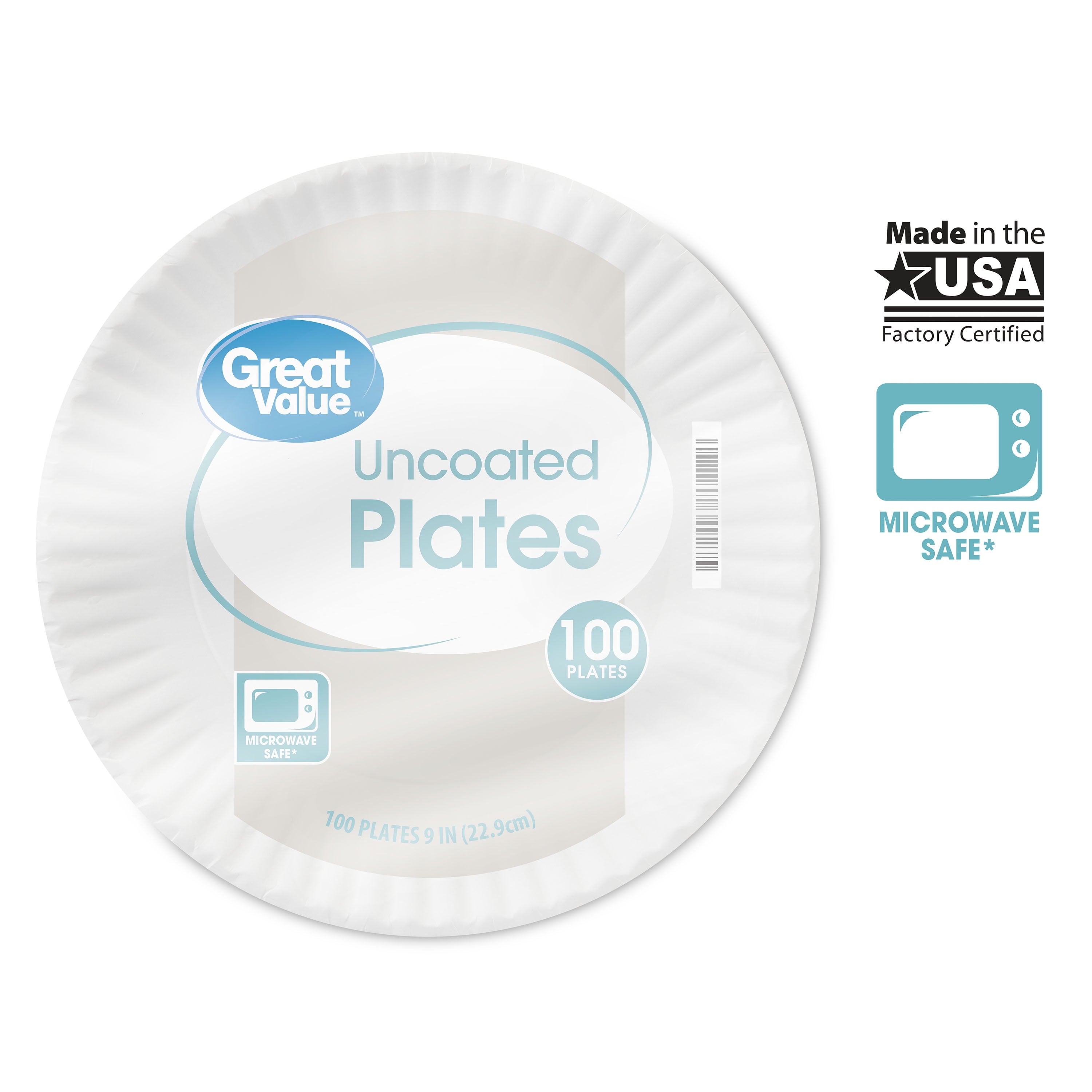 Great Value Uncoated, Microwave Safe, Disposable Paper Plates, 9