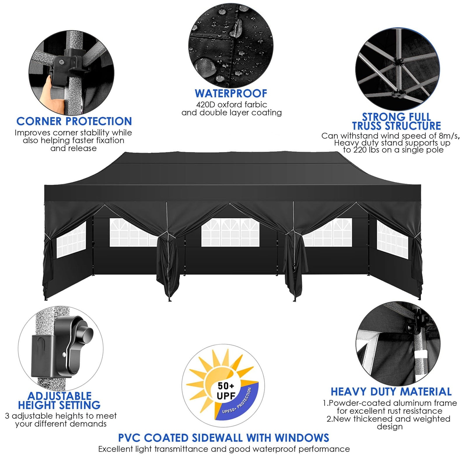 COBIZI 10'x30' Heavy Duty Pop Up Canopy Tent Outdoor Shelter Instant Commercial Tent with 8 Removable Sidewalls, 3 heigh Adjustable Gazebo with Wheeled Bag, Black