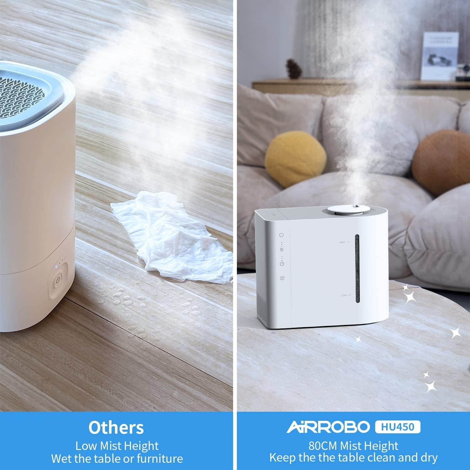 AIRROBO HU450 Ultrasonic Cool Mist Humidifier, 4.3L Top Fill Air Humidifier with 484 Sqft Room Coverage, 360° Nozzles, Waterless Auto Shut-off, White