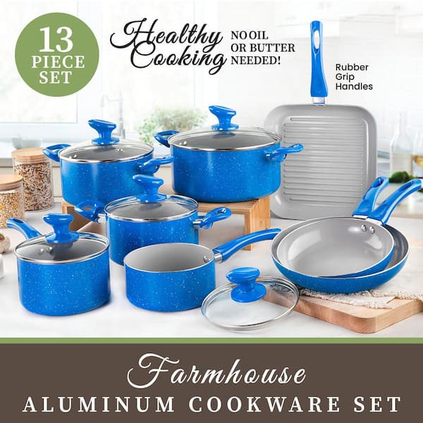 Farmhouse 13-Piece Aluminum Ultra-Durable Chalk Grey Diamond Infused Nonstick Coating Cookware Set in Speckled Blue