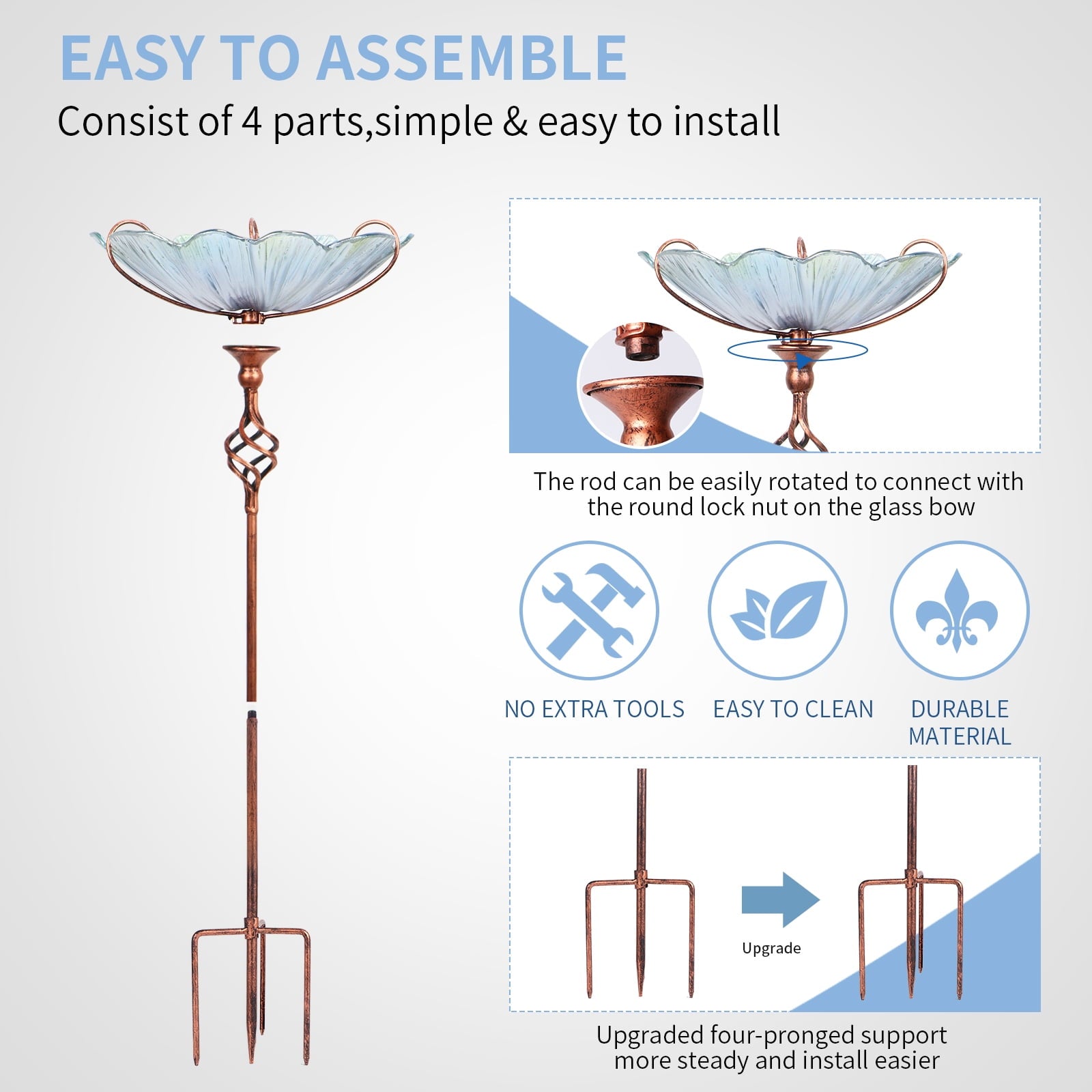 31 Inch Height Glass Birdbath Birdfeeder with Metal Stake Garden Yard Outdoor Blue