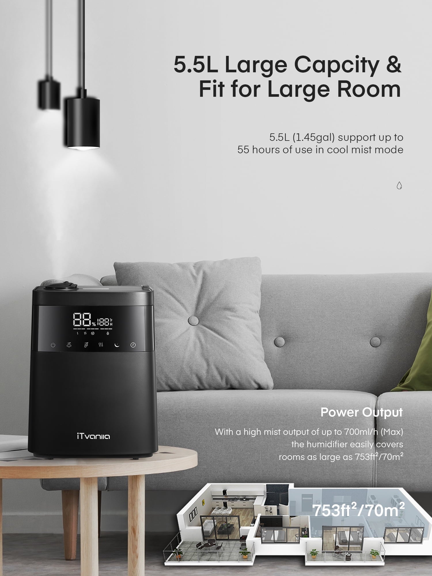 iTvanila Humidifiers, 5.5L Warm and Cool Mist Humidifier for Bedroom with Customized Humidity, Essential Tray, Sleep Mode, and 12H Timer, for Living Room, Office and Baby Room (Black)