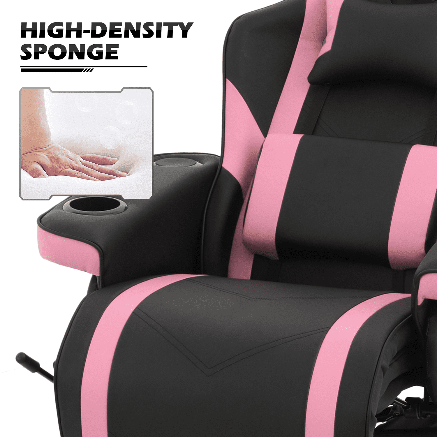 MoNiBloom Massage Video Gaming Recliner Chair, Ergonomic Computer Desk Chair with Bluetooth Speakers, High Back PU Leather Chair with Adjustable Backrest, Footrest and Lumbar Support, Pink
