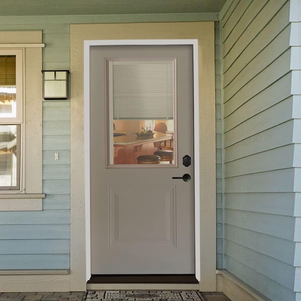 34 in. x 80 in. Element Series 1-Panel 1/2 Lite Mini-Blind White Primed Steel Prehung Front Door