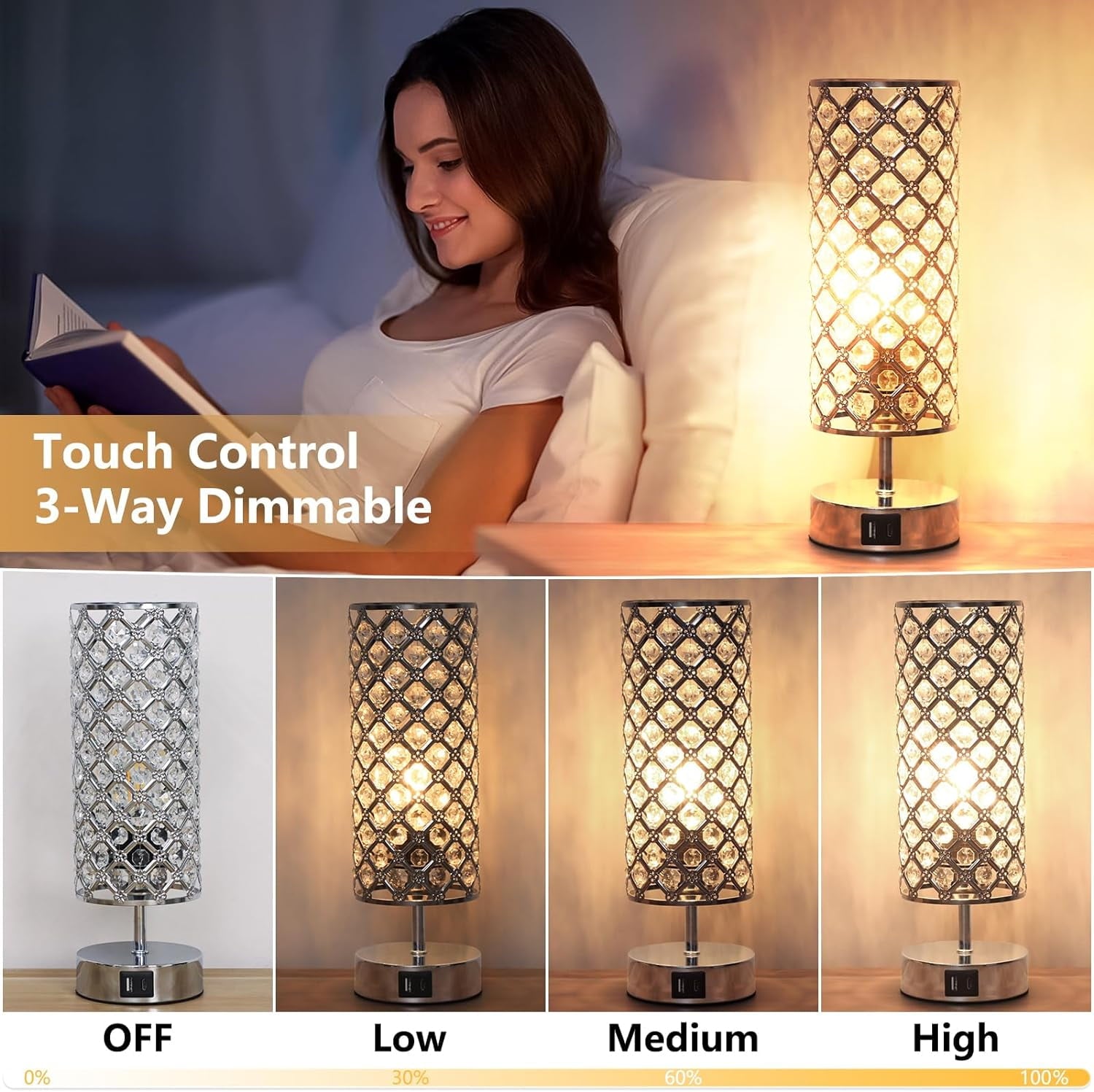 Crystal Table Lamp Set of 2, Bedside Nightstand Lamps with 2 USB Charging Ports, Silver Crystal Desk Lamp for Bedroom Living Room