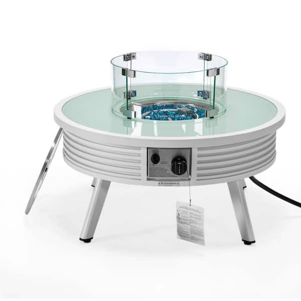 Walbrooke Modern White Patio Round Fire Pit Table with Aluminum Slats Frame