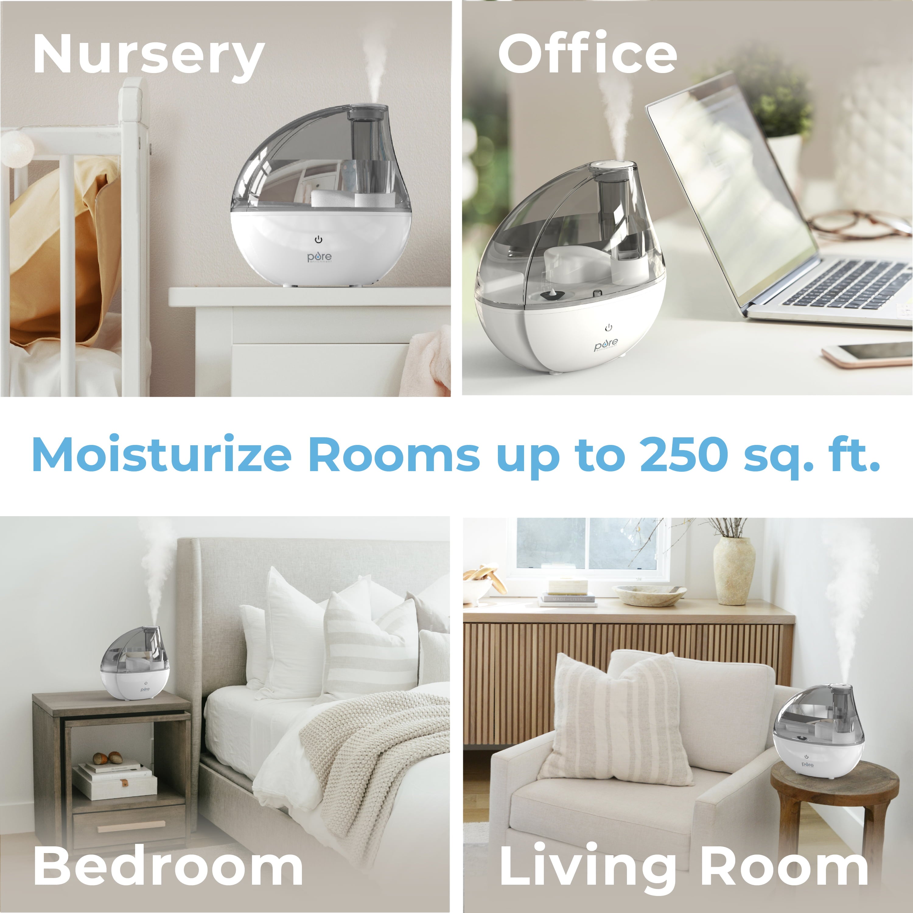 Pure Enrichment® MistAire™ Silver Ultrasonic Cool Mist Humidifier - Lasts Up to 25 Hours, Whisper-Quiet Overnight Operation, 360° Mist Nozzle, Easy-Fill Tank, & Auto Safety Shut-Off