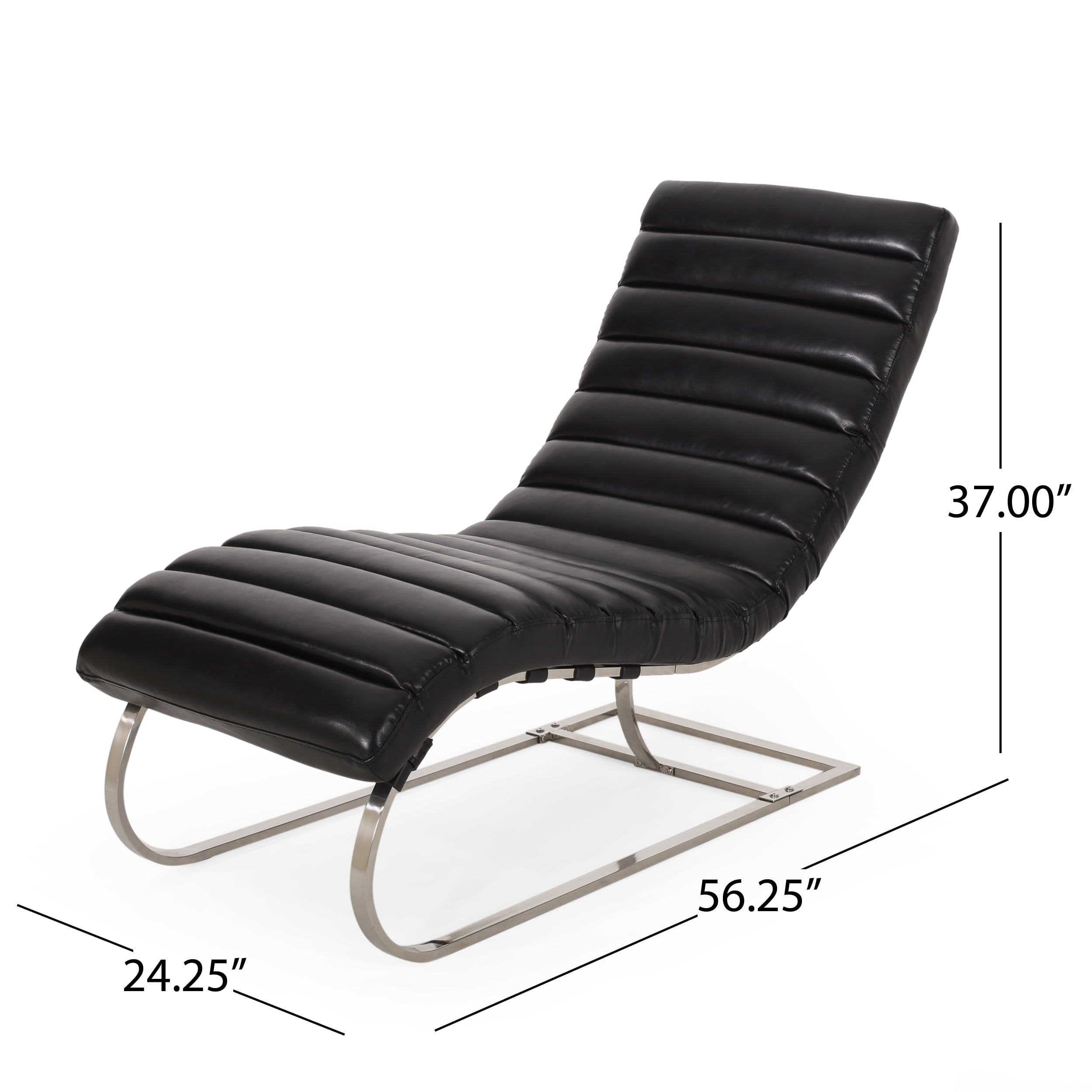 Zarae Modern Channel Stitch Chaise Lounge, Midnight Black and Silver