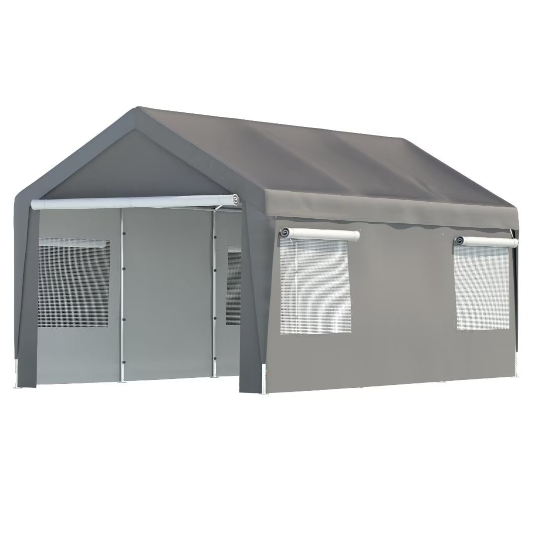 LZBEITEM 10 x 20 ft. Heavy Duty Steel Outdoor Carport Storage Boat Shed Canopy Garage Car Shelter Portable Party Tent Adjustable Height with Window Sidewalls and Doors, Gray