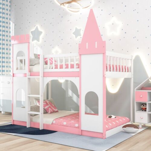 Twin Over Twin Kids Castle Bunk Beds Wood Bed Frame with Ladder For Boys Girls