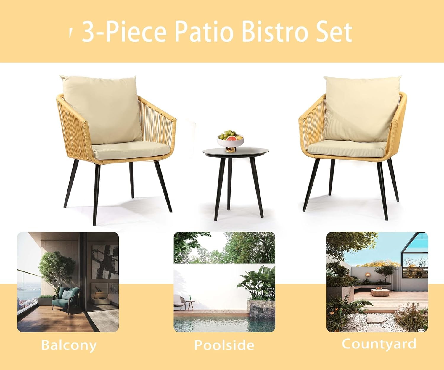 Esmlada 3 Piece Patio Bistro Set, Outdoor All-Weather Conversation Bistro Set w/ 2 Wide Ergonomic Chairs, Cushions&Glass Top Table for Porch, Backyard, Balcony, Garden (Yellow-Beige)