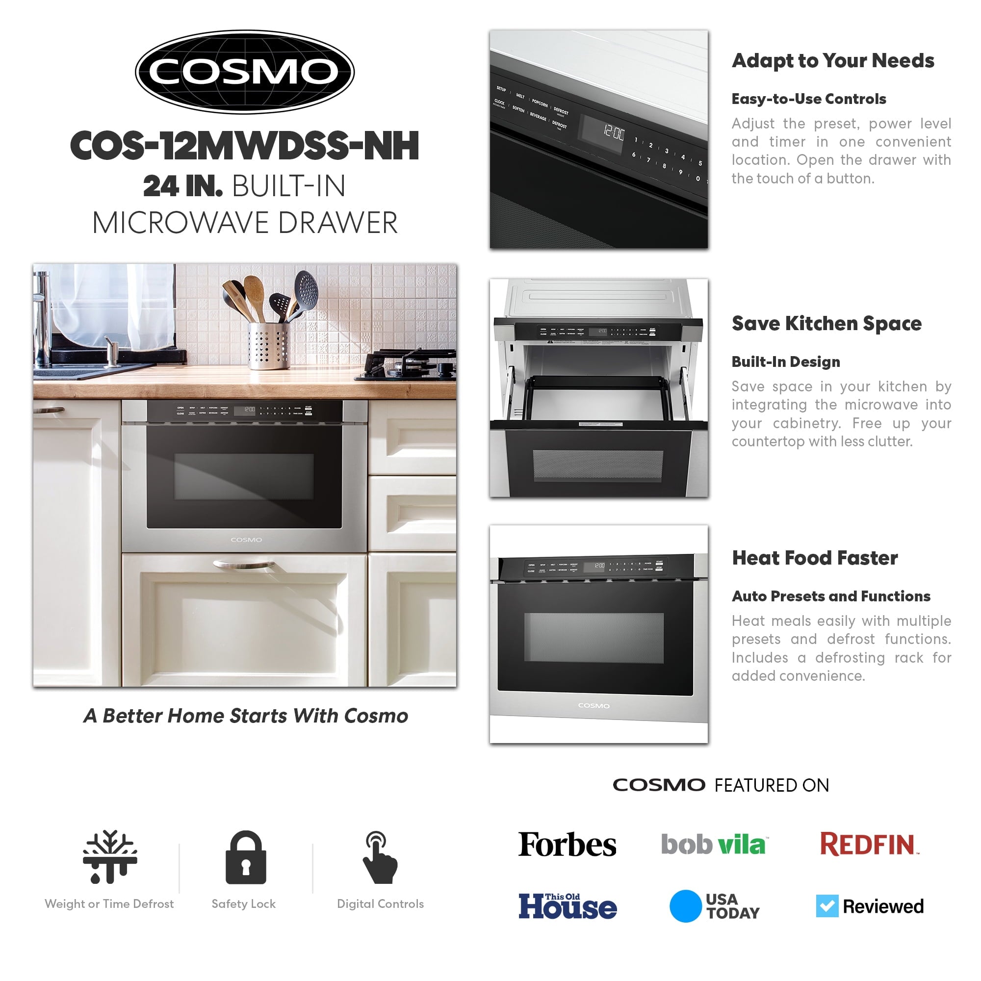 Cosmo 24 in. Built-in Microwave Drawer with Automatic Presets, Touch Controls, Defrosting Rack and 1.2 cu. ft. Capacity in Stainless Steel