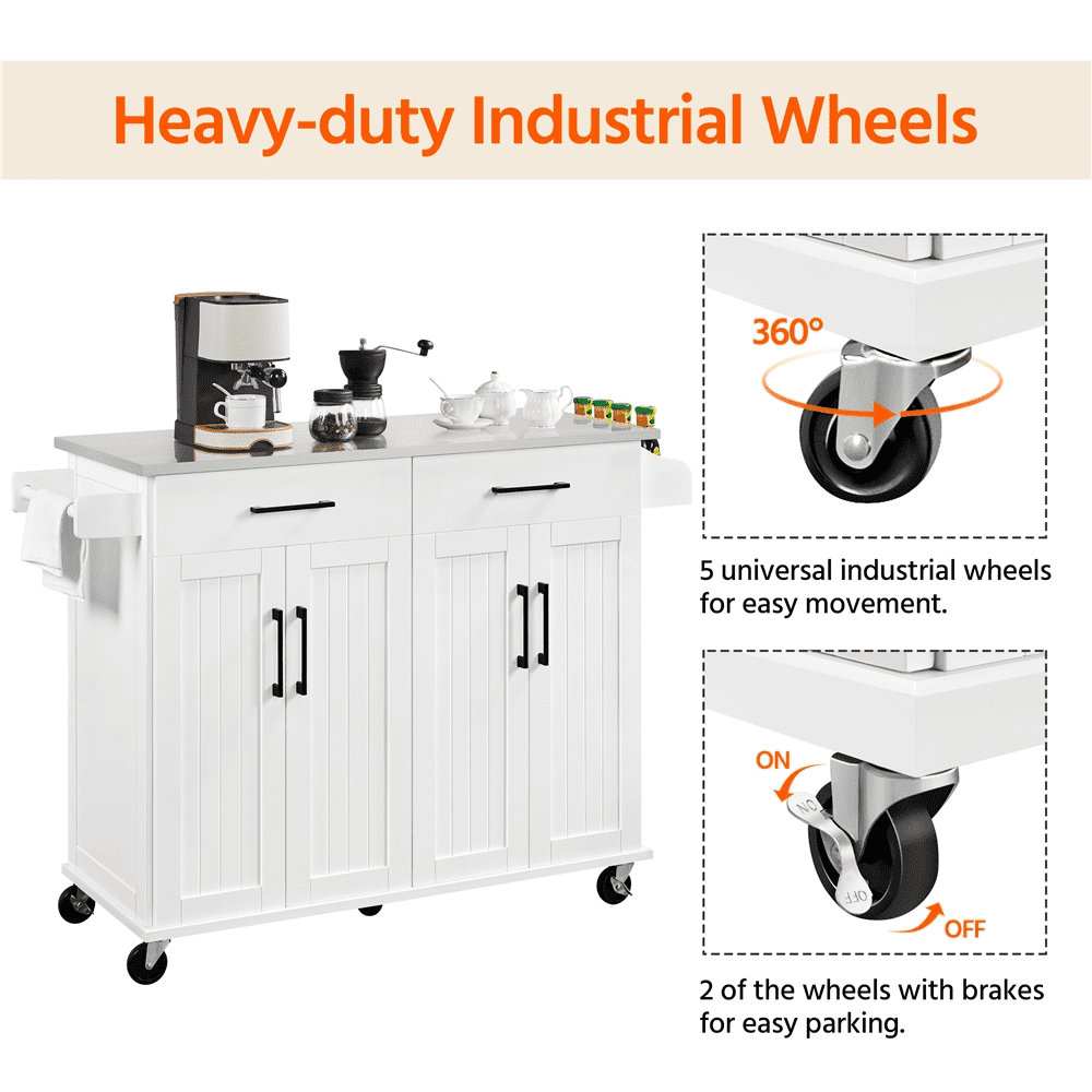 Easyfashion Large Kitchen Island Cart with Stainless steel tabletop, White