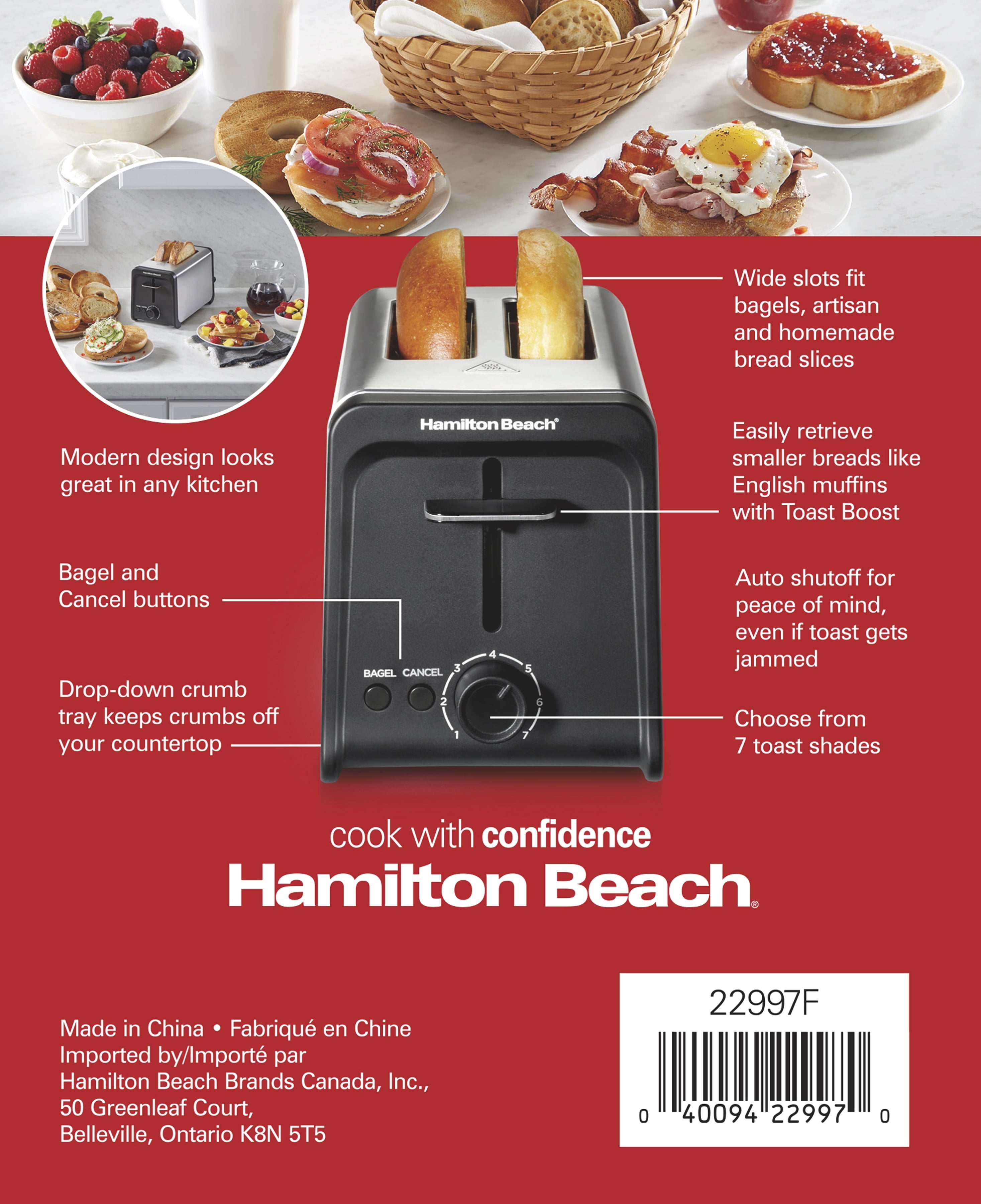 Hamilton Beach 2 Slice Toaster with Wide Slots, Bagel Function, Toast Boost, Stainless, New, 22997F