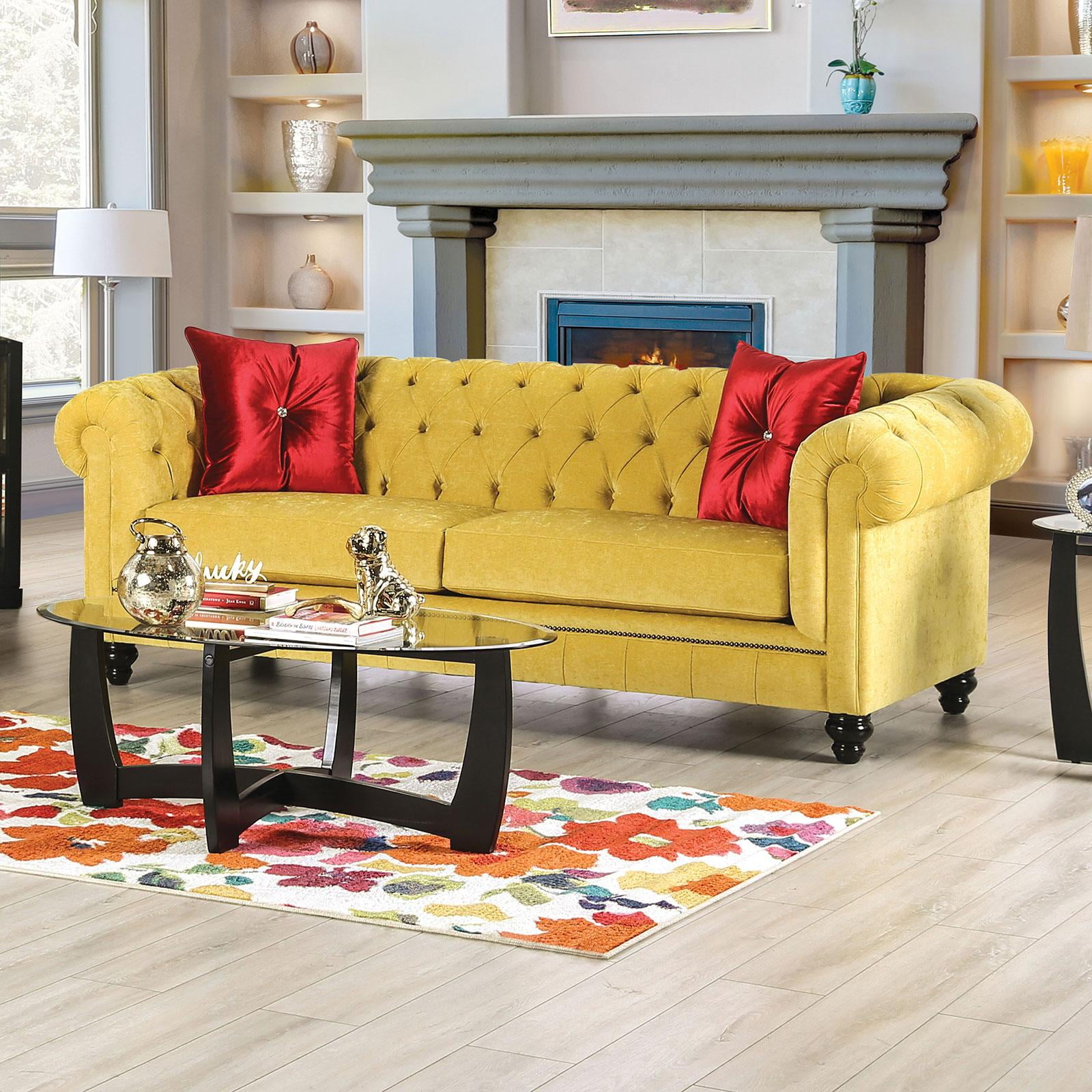 Glam Royal Yellow & Red Microfiber Sofa and Loveseat FOA Eliza