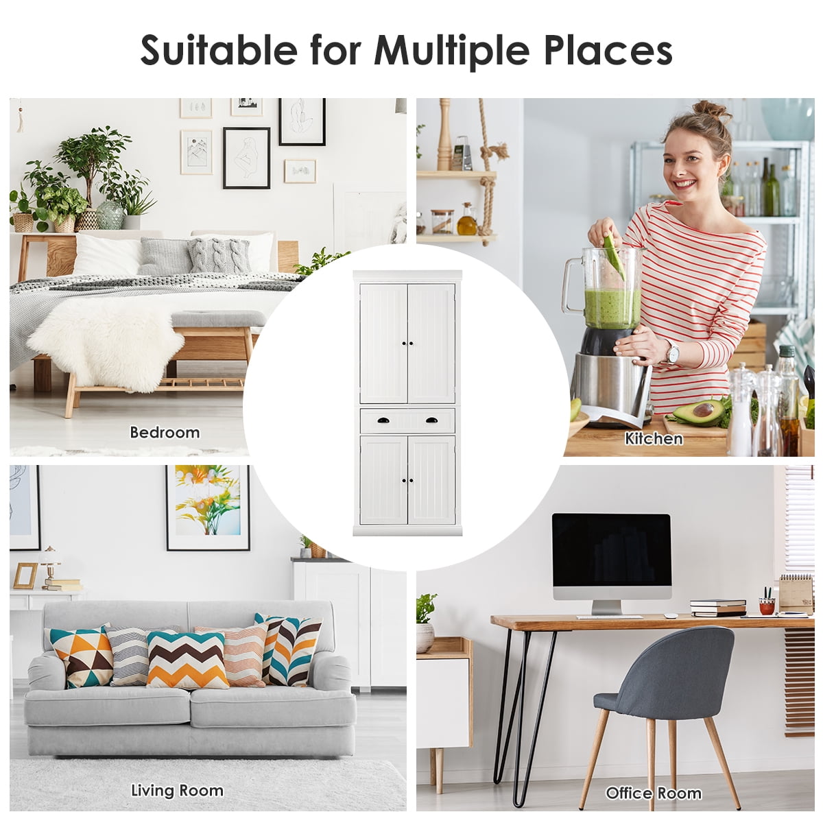 Gymax Kitchen Cabinet Pantry Cupboard Freestanding W/Adjustable Shelves White