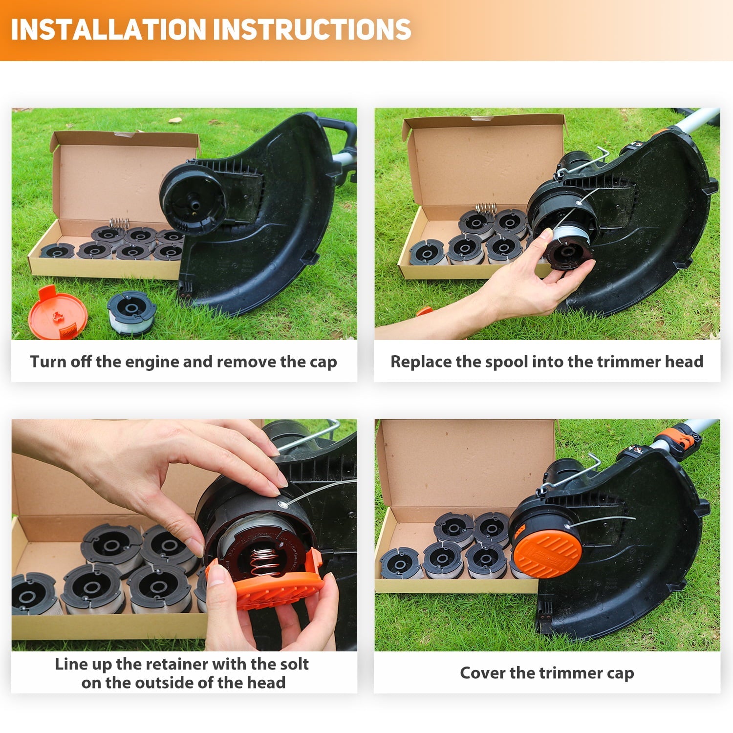 Green Box Innovations 6-Pack 30ft .065 String Trimmer Line Replacement Spool for Black+Decker AF-100 Weed Eater Line Spool with Automatic Feed System (6Spool + 1Spring + 1Cap)