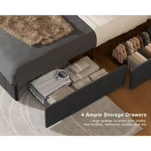 Aiho Bed Frame Queen with 4 Storage Drawers for Bedroom, Dark Grey