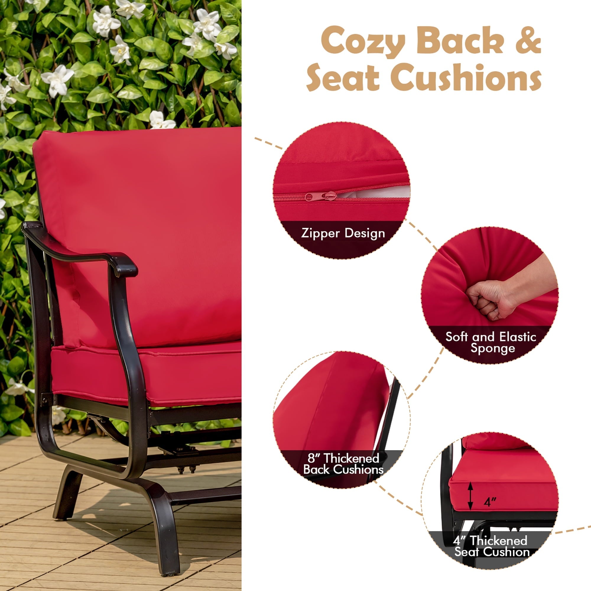 Costway 3PCS Patio Rocking Bistro Set Cushioned Chair Armrest Side Table Red