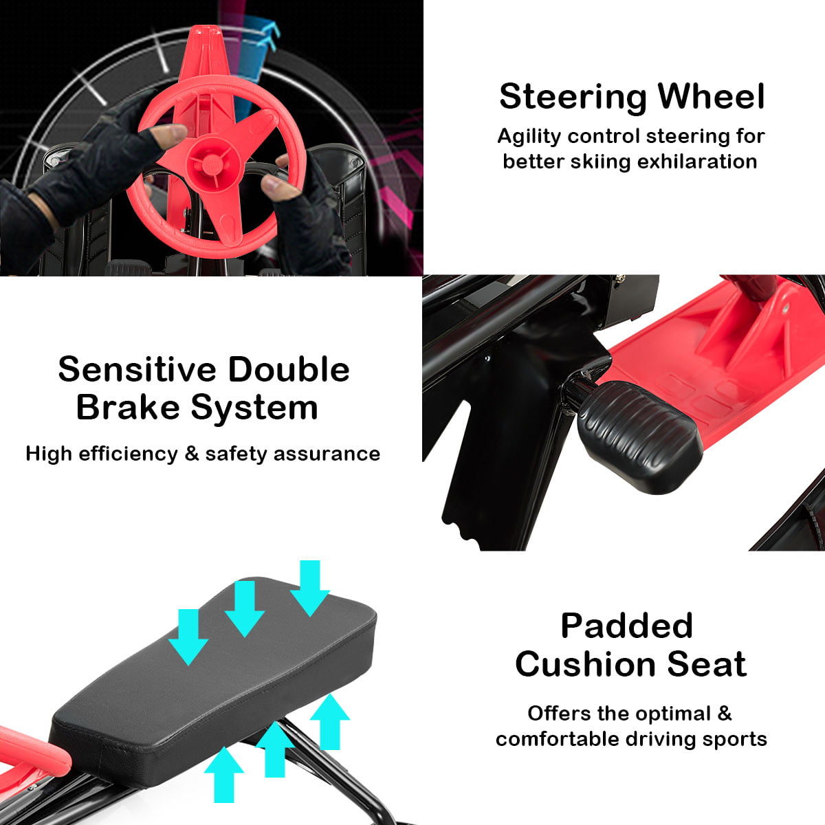 Costway Metal Snow Racer Sled w/Steering Wheel and Brakes Kids Snow Sand Grass Sliding Black & Red