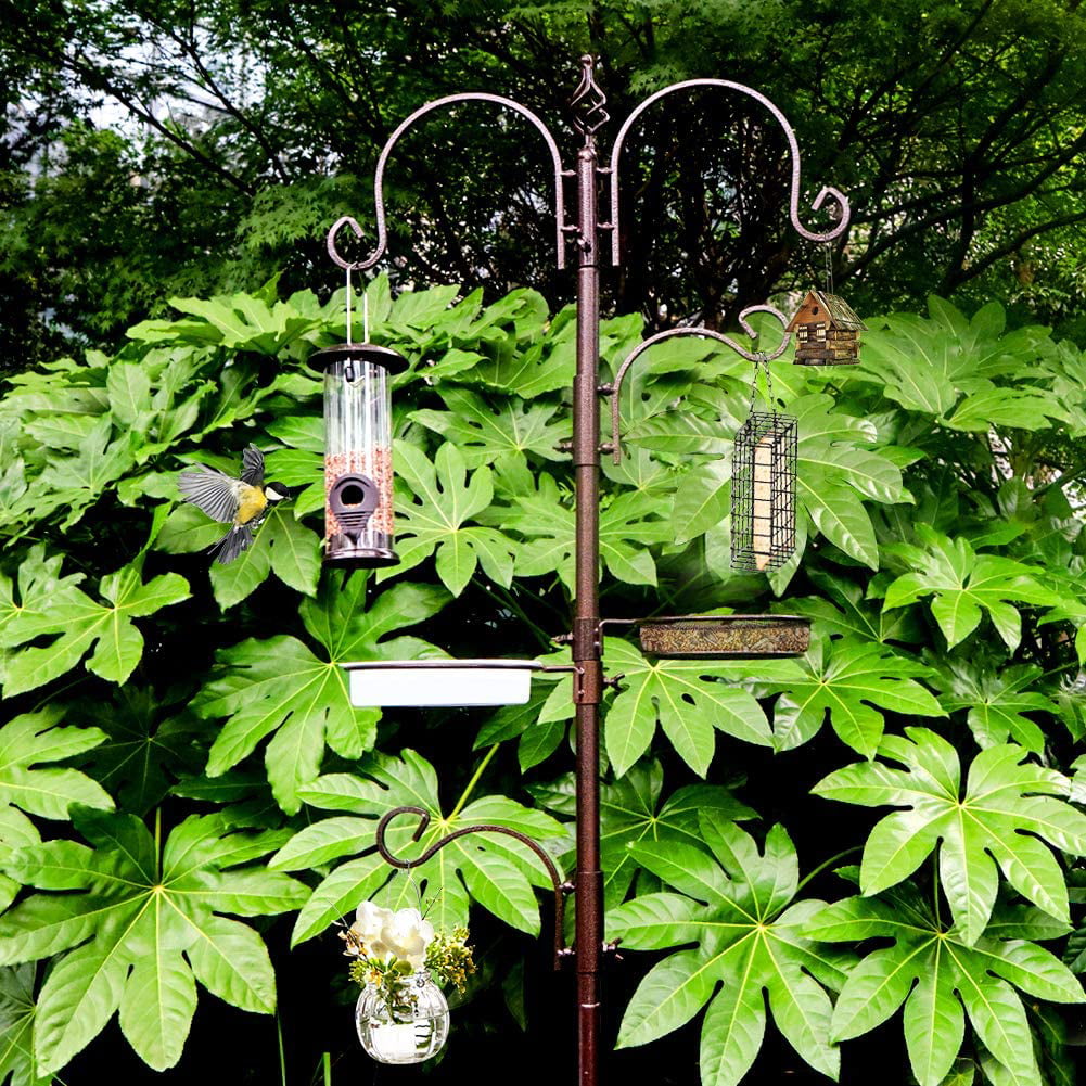 Bird Feeding Station Kit 91 Inch 4 Hooks with 2 Bird Feeder and Bath Tray Bird Feeder Pole Wild Bird Feeder Metal Suet Feeder Bird Bath-Black