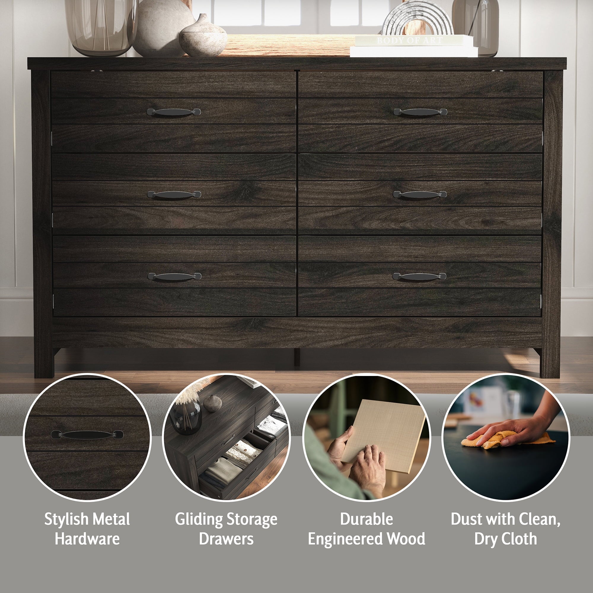 Lancaster Farmhouse 6-Drawer Dresser, Espresso, by Hillsdale Living Essentials