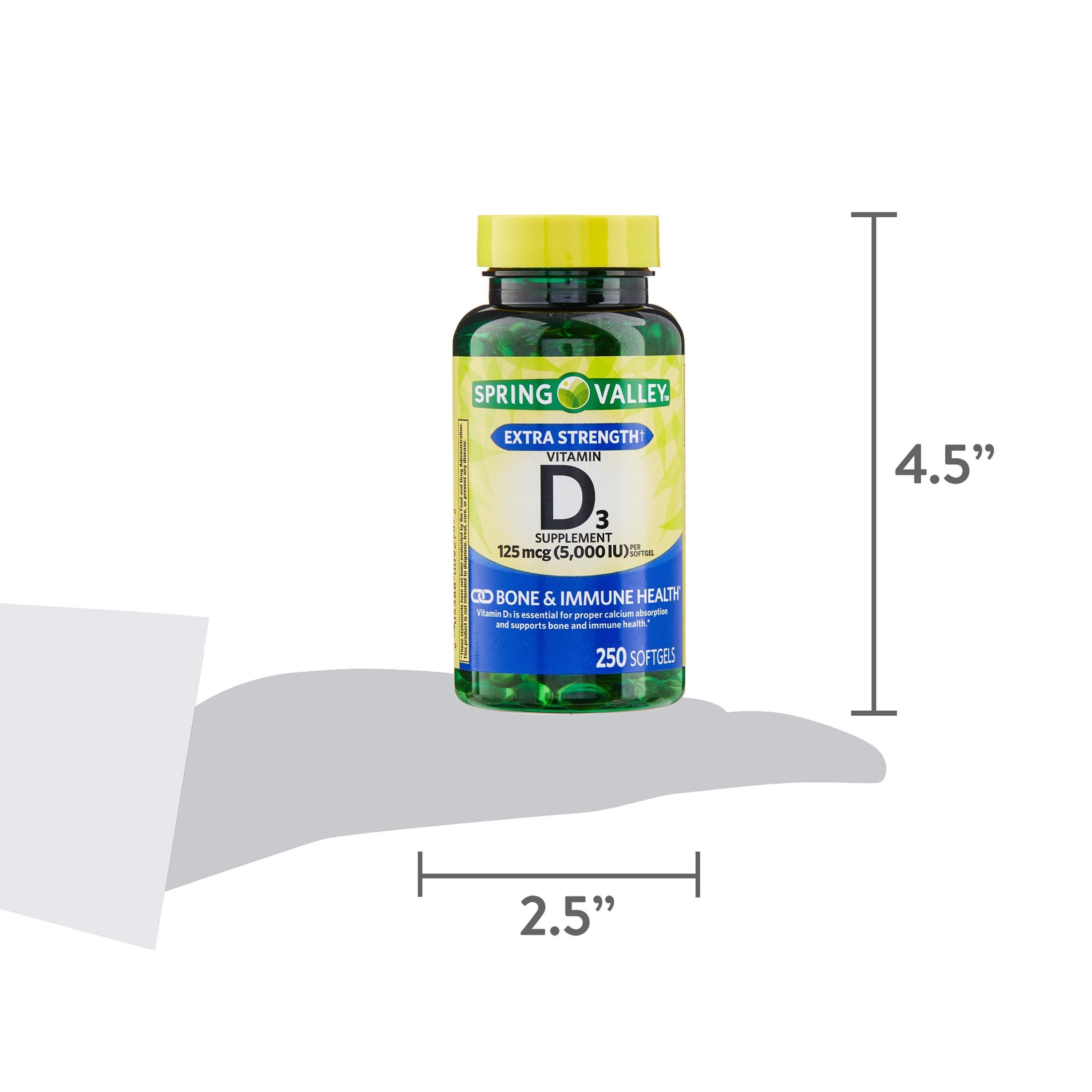 Spring Valley Vitamin D3 Softgels, 125 mcg per Softgel, 5,000 IU, 250 Count