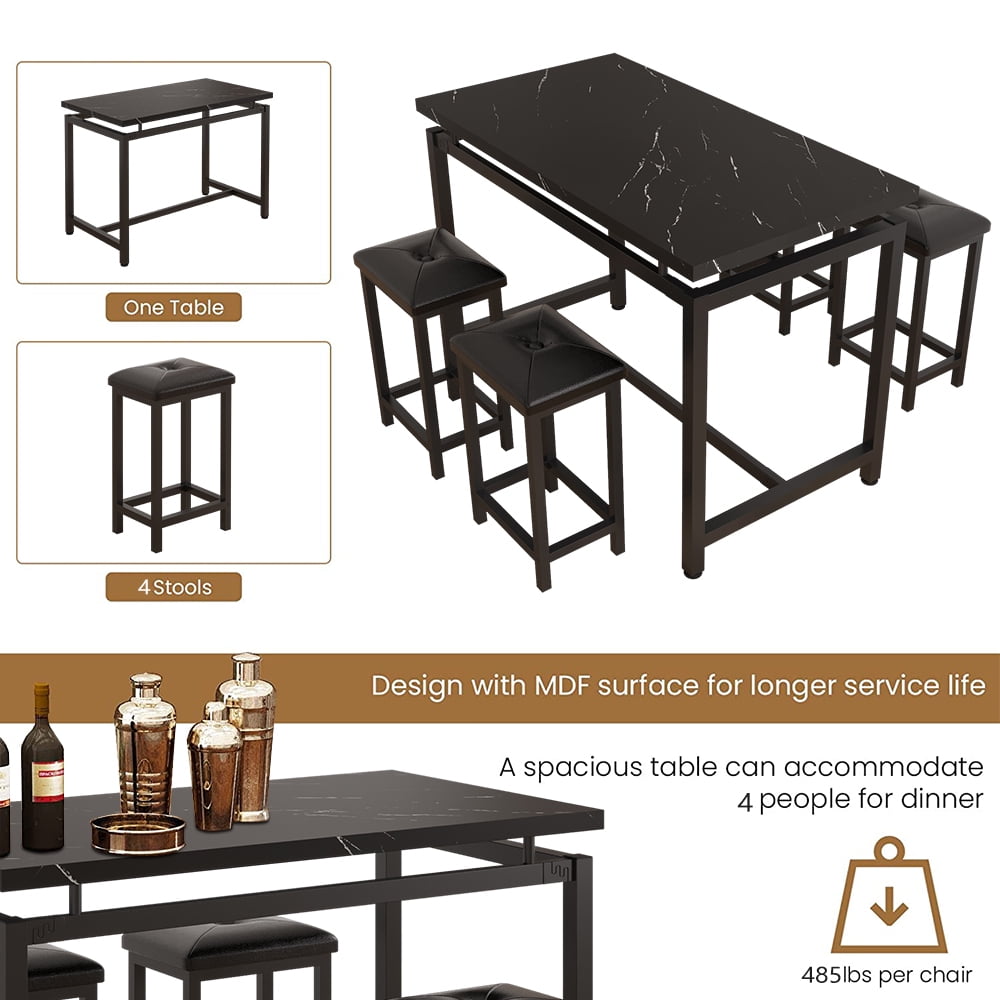 5 Piece Bar Table Set, Kitchen Counter Height Table with 4 Stools, Space Saving Pub Table Set for 4 Person with Metal Frame, Wood Dining Table & Chair Set for Breakfast Nook Pub Bistro, B945