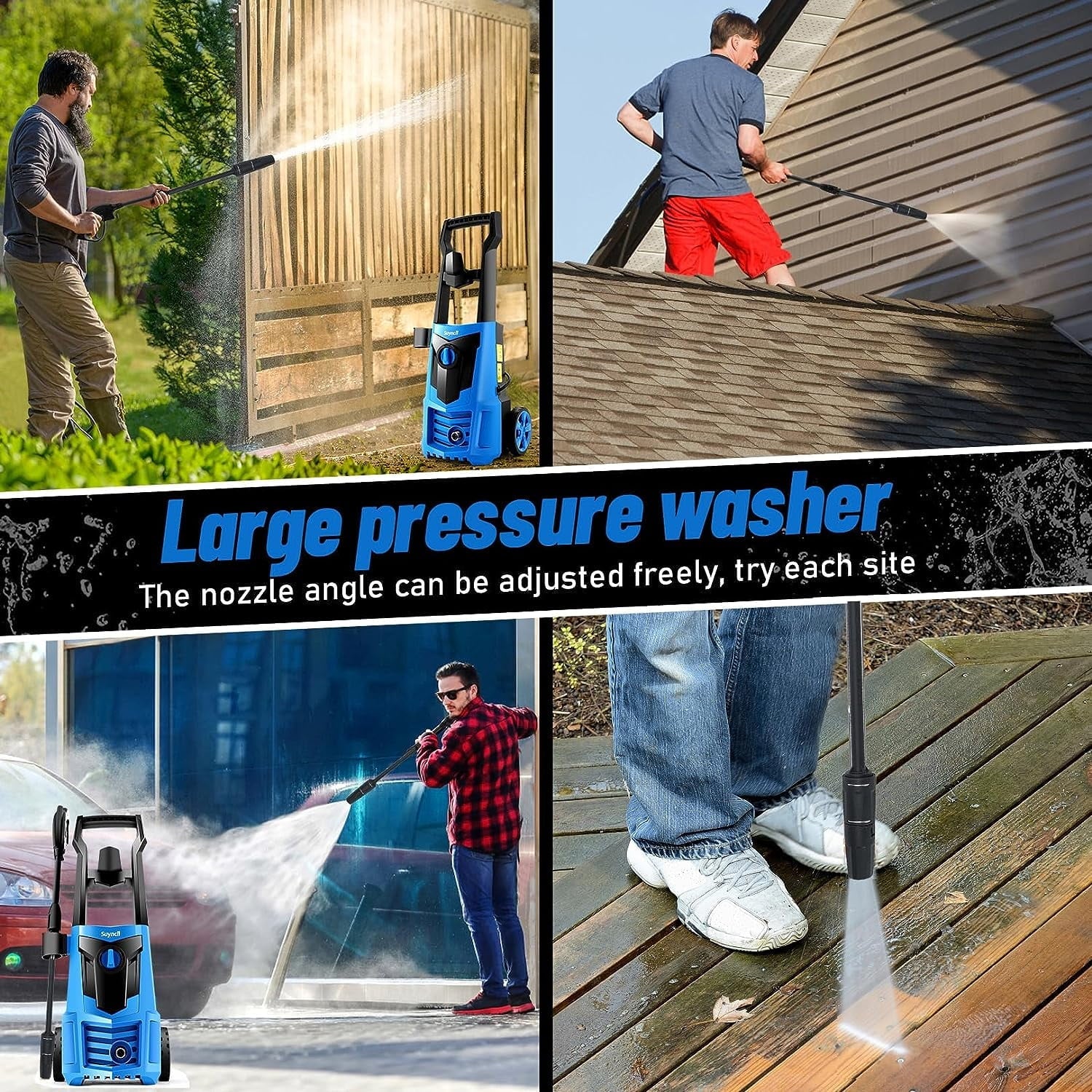 Electric Power Washer 1600W 2.0GPM, 20ft High Pressure Washer Hose + 35ft Power Cable, IPX5 Waterproof with 500ml Detergent Bottle, All-in-One Adjustable Nozzle, for Cars/Fences/Patios (Blue)