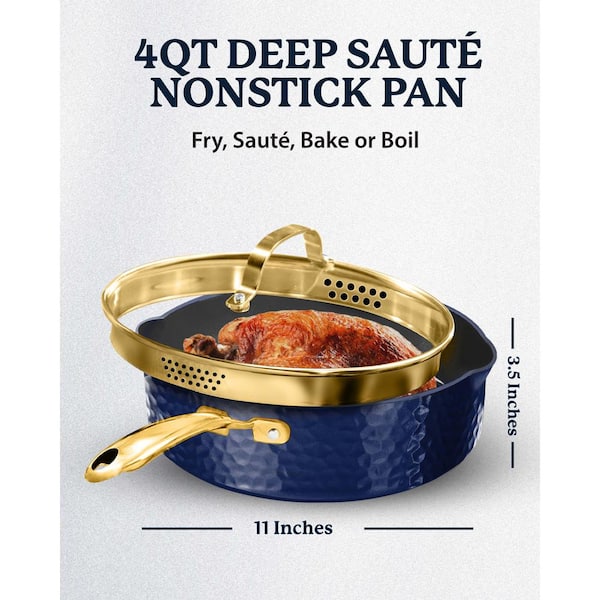 Charleston Collection 4 qt. Aluminum Hammered Nonstick Deep Saute Pan with Strainer Glass Lid in Navy
